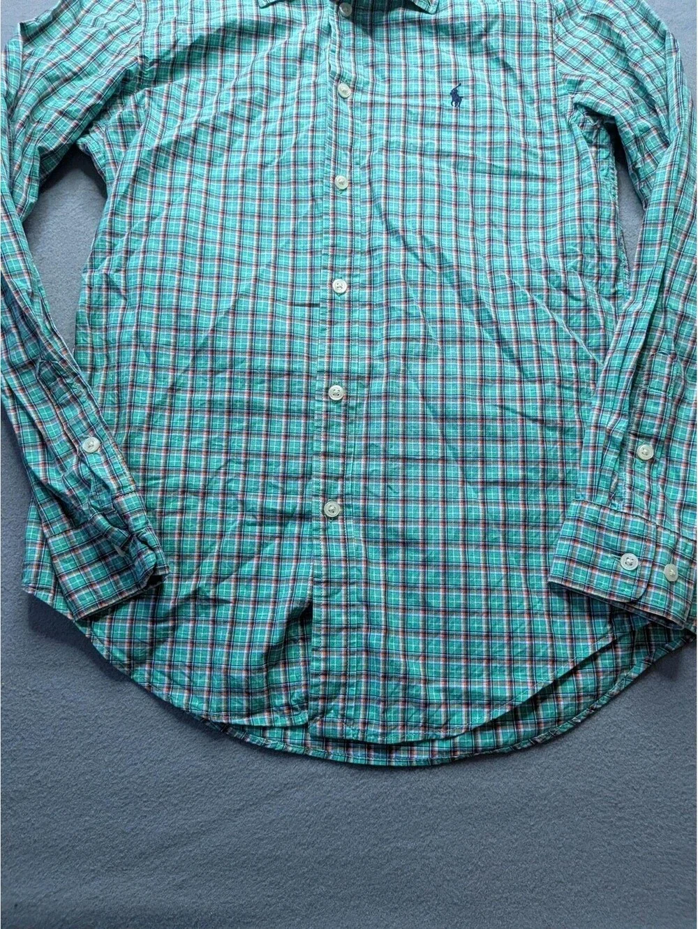 Ralph Lauren Shirt Boys 14-16 Green Plaid Button Front Long Sleeve Custom Fit